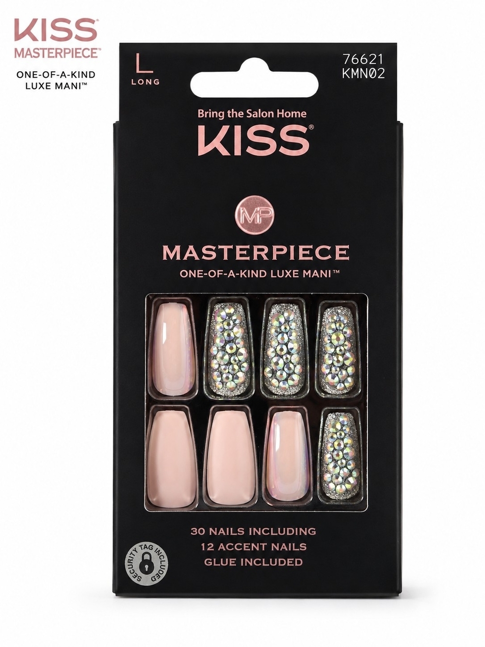 KISS Masterpiece Press On Nails Long Nude Iridescent Rhinestone Glue On Manicure